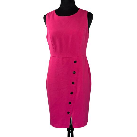 Kasper Hot Pink Sheath Dress 4P Sleeveless Petite Fit Button Front Slit - Picture 2 of 10